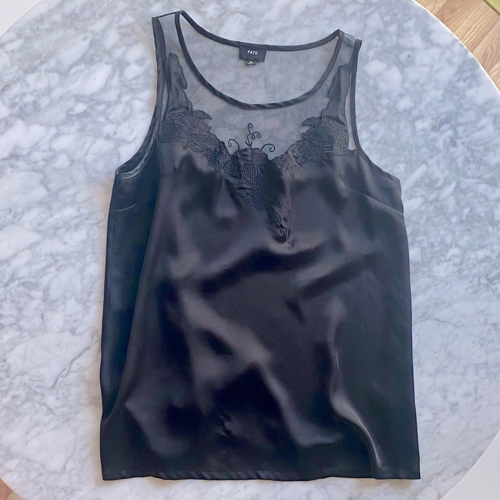 FATE Black Satin Embroidered Sleeveless Top